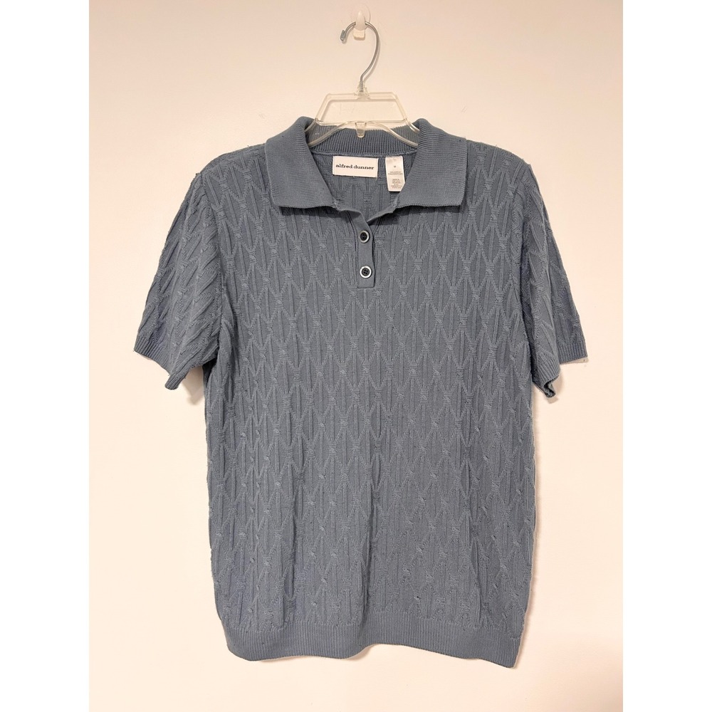 Vintage Alfred Dunner Womens Blue Diamond Knit Short Sleeve Polo Sweater Top M